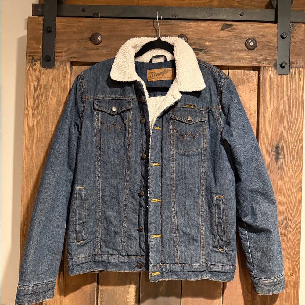 Wrangler Blue Denim Jacket with White Sherpa Collar